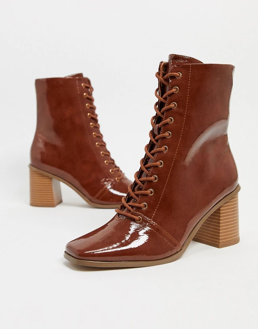 ASOS DESIGN Rylee square toe lace up boots in tan patent | ASOS (Global)