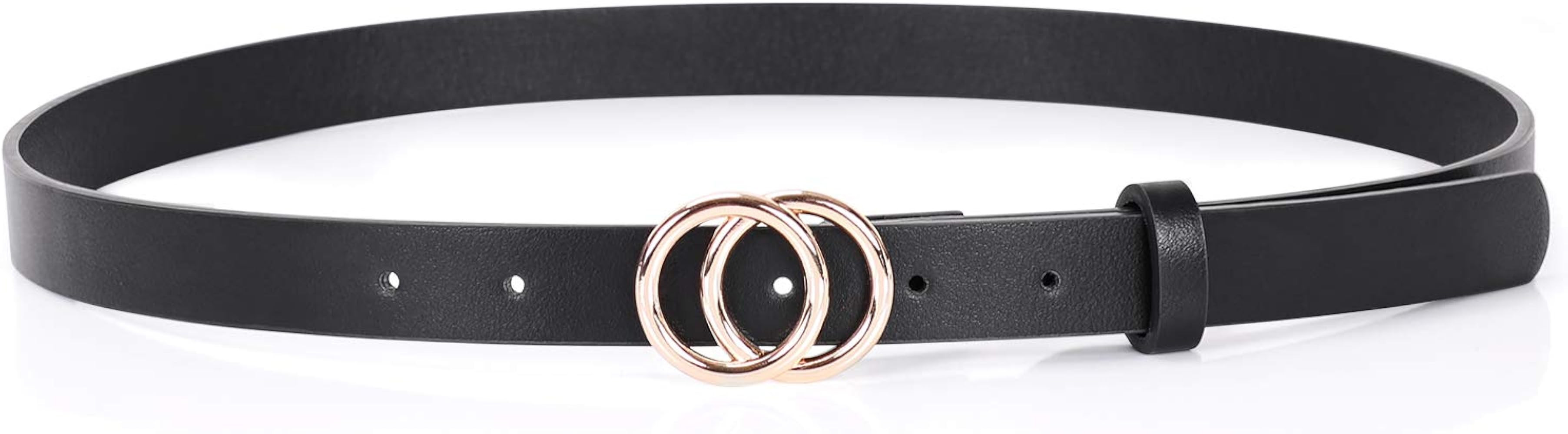 Womens Leather Belt SANSTHS Double O Ring Gold Buckle Thin Fashion Waist Belts for Jeans Dress | Amazon (US)