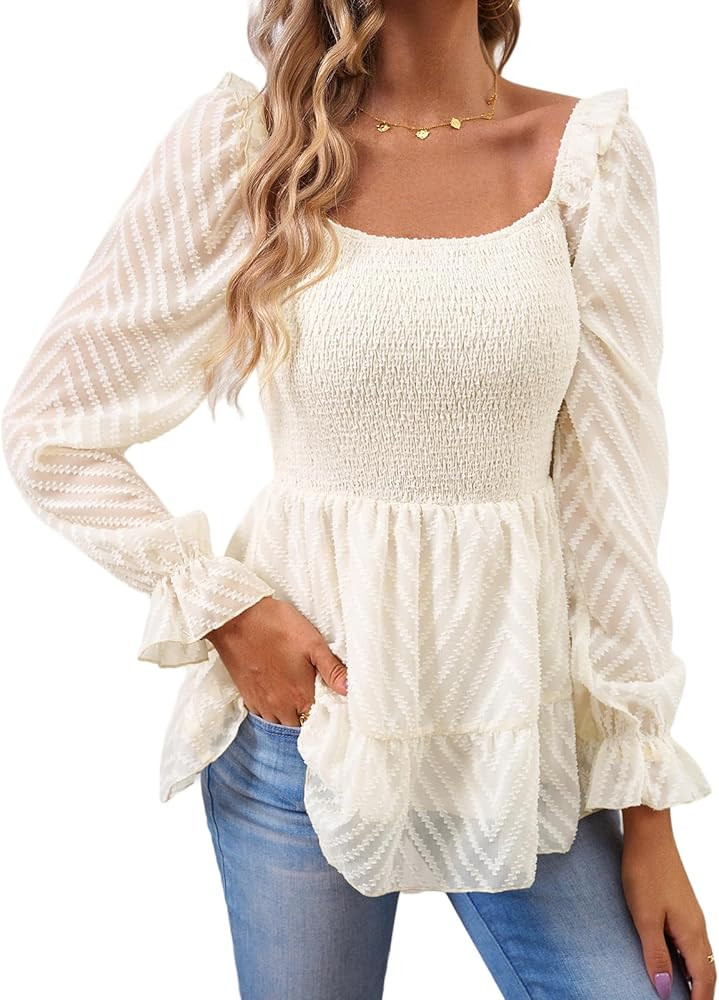 TOSATISFINE Square Neck Tops for Women Puff Long Sleeve Smocked Ruffle Hem Peplum Tops Tunic Blou... | Amazon (US)