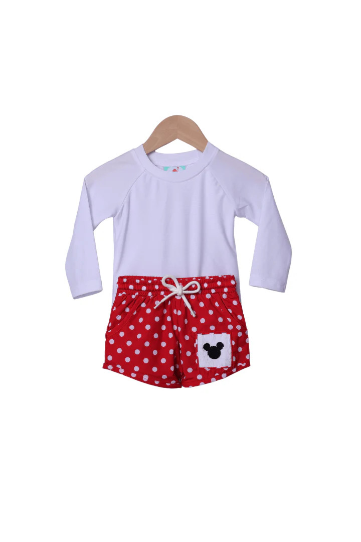 Mouse Red Dot Swim Trunks and Rash Guard | The Smocked Flamingo