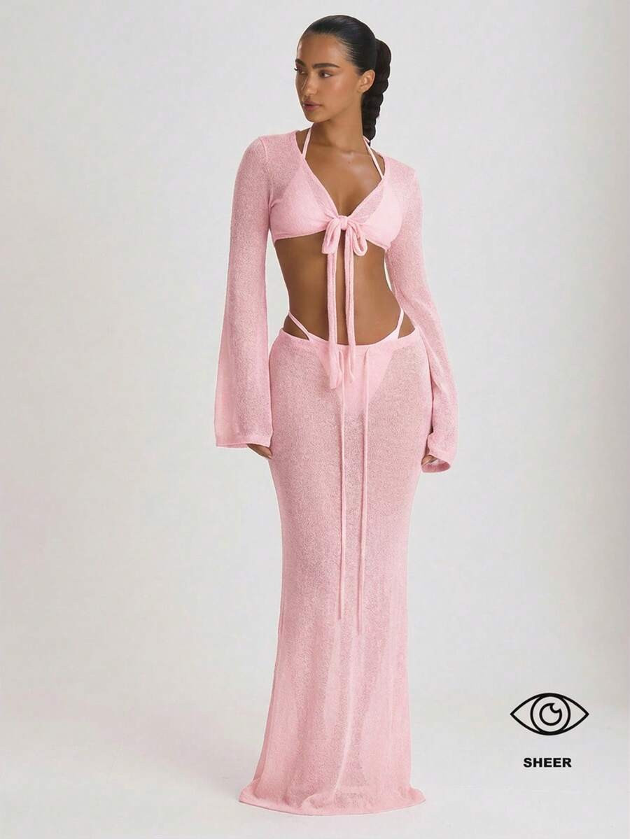 Musera Resort Knit Tie Front Maxi Skirt Cover Up Swim Vacation Holiday Summer Travel Beachwear Ba... | SHEIN