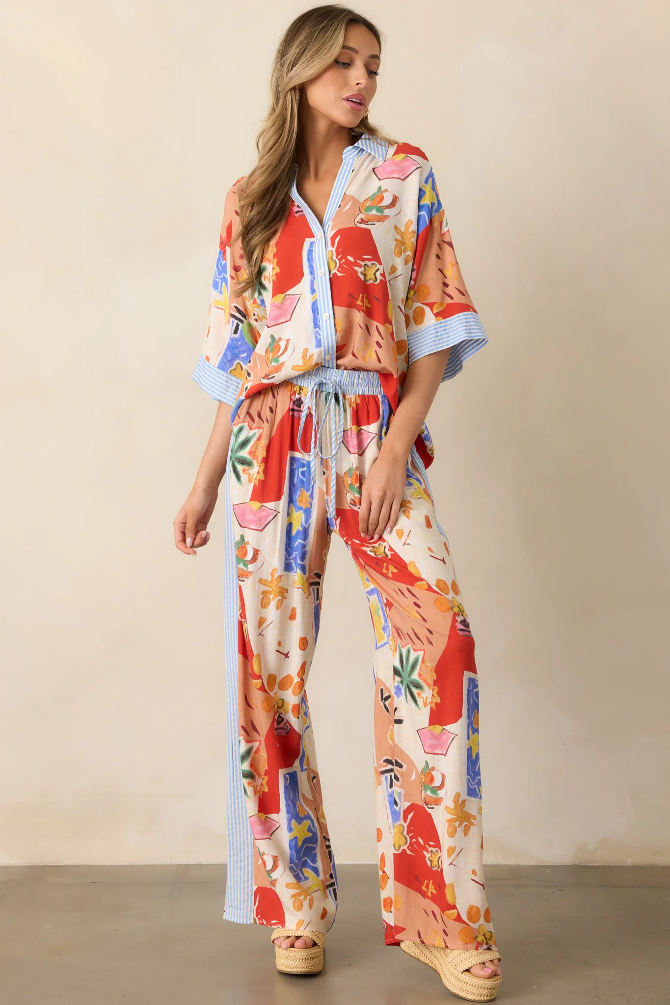 Coral Cove Red Multi Tropical Print Wide Leg Pants | Red Dress