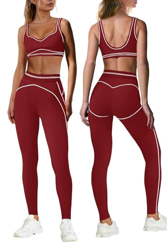 Nirovien Gym Outfits for Women Sports Bras and Leggings Sets for Womens Workout Sets Yoga Ballet Gym Outfits(Burgundy,M) | Amazon (US)