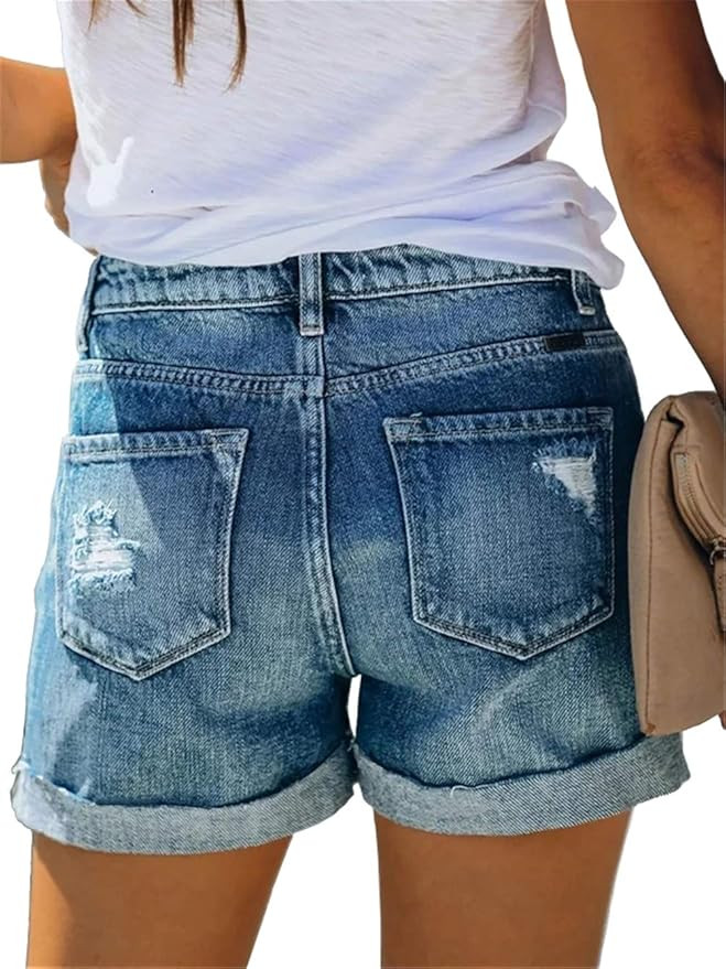 Angerella Denim Shorts for Women Mid Rise Ripped Jean Shorts Stretchy Folded Hem Hot Short Jeans | Amazon (US)