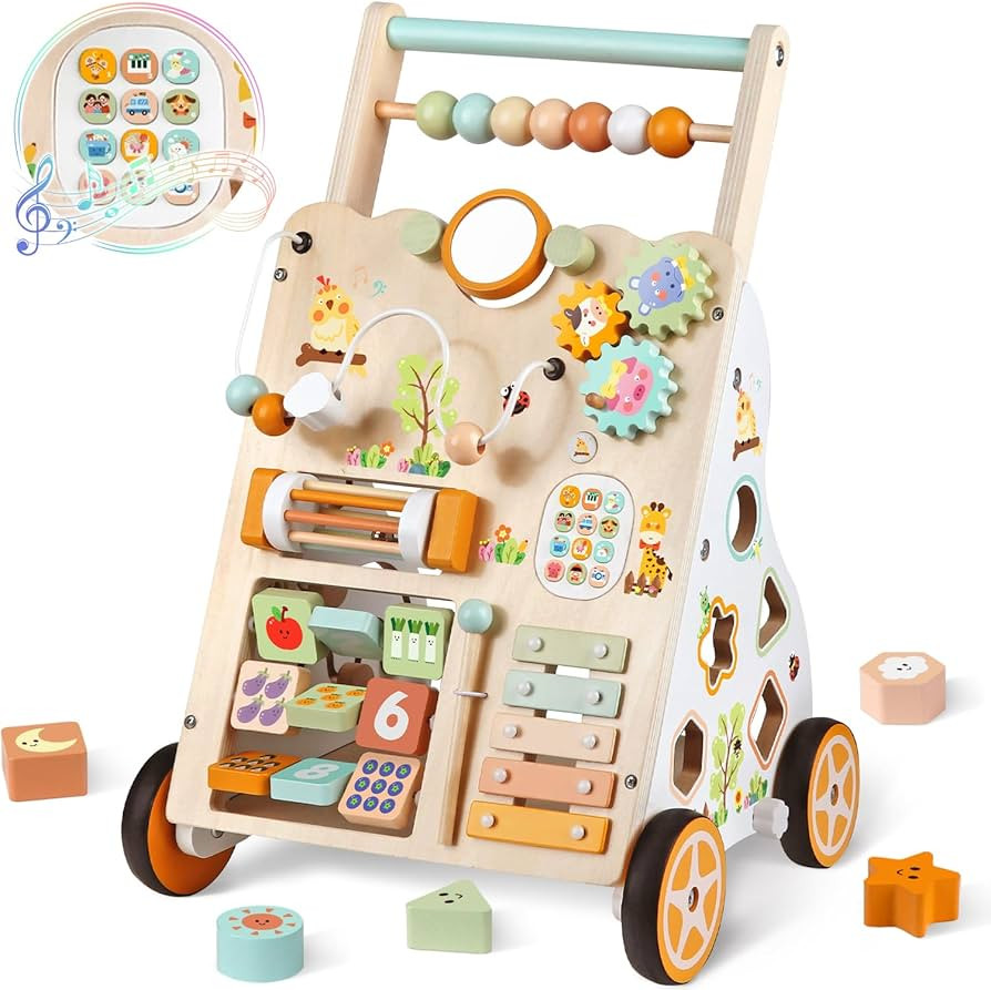 Baby Push Walker, Wooden Baby Walker with Wheels, Montessori Activity Center for 1 2 3 Years Old ... | Amazon (US)