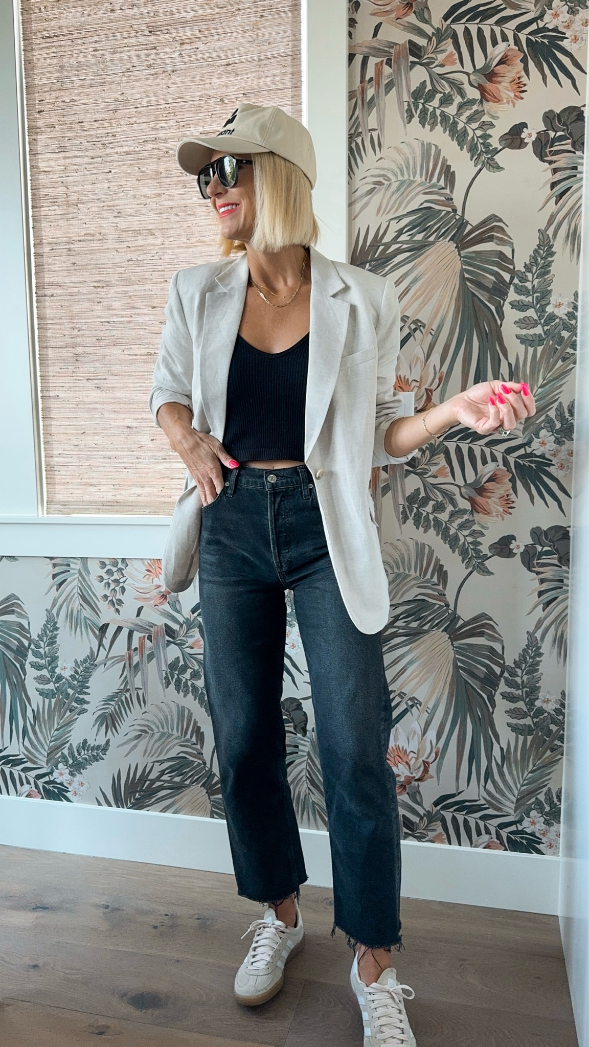 Today only! 20% off this blazer in the app with code: 3683! It runs big, so I sized down to a small.

Neutral, elevated-casual outfit. 
Comfy doesn’t always have to be sweats.😉 some of my most worn pieces, and they all deliver comfort! All- time favorite black jeans w/ a little stretch, linen blazer and neutral sambas that pair with anything. 

Sizing: 
Jeans- fit tts, wearing 27
Top- wearing m/l
Blazer- fist big, sized down to a small
Shoes - go down 1 size form normal women’s size

Fall outfit 

#LTKShoeCrush #LTKOver40 #LTKTravel