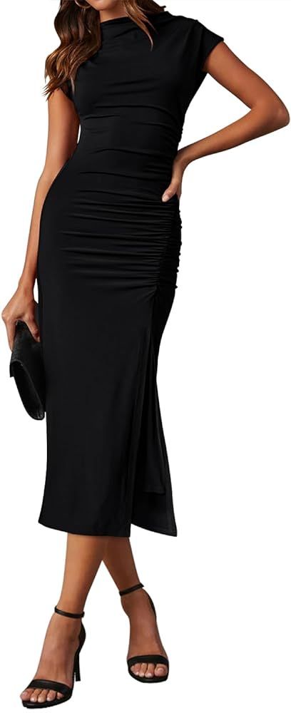 MIHOLL Women's 2024 Summer Dresses Cap Short Sleeve Mock Neck Ruched Bodycon Side Slit Midi Dress | Amazon (US)