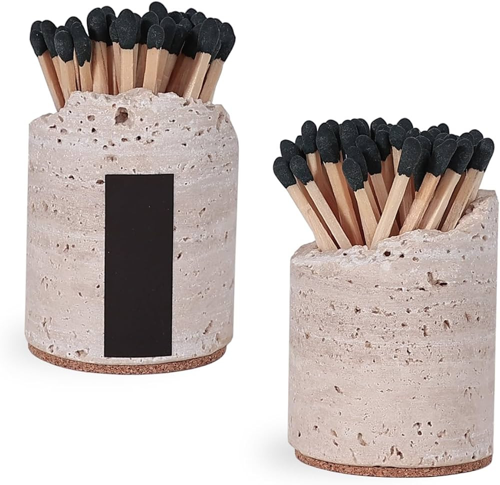 Match Holder with Striker - Set of 2 - Handmade Travertine Match Box - Matches in a jar for Bathr... | Amazon (US)