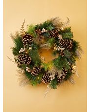 26in Pre Lit Artificial Pine Wreath With Pinecones | HomeGoods