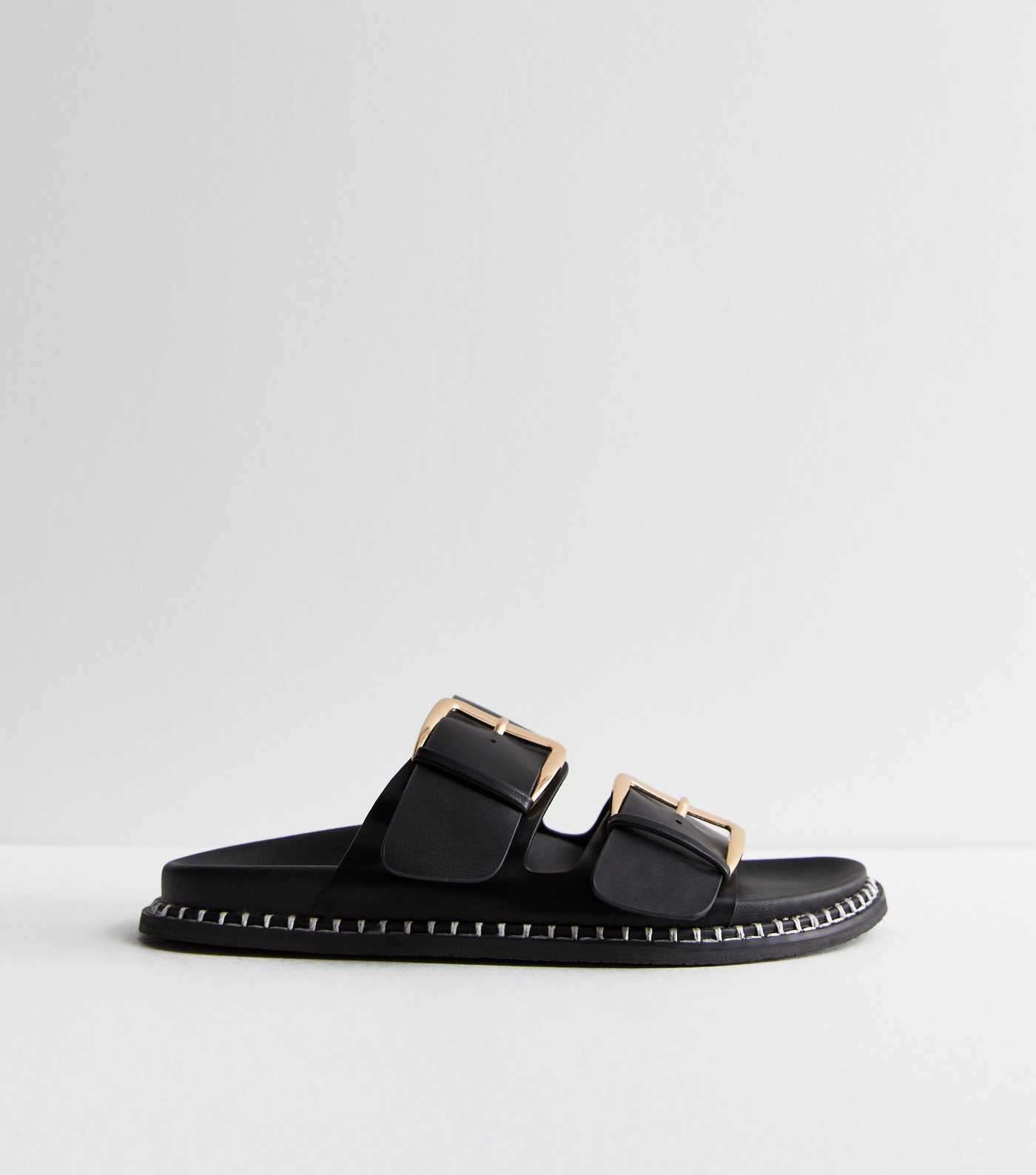 Black Leather-Look Buckle Chunky Sliders | New Look | New Look (UK)