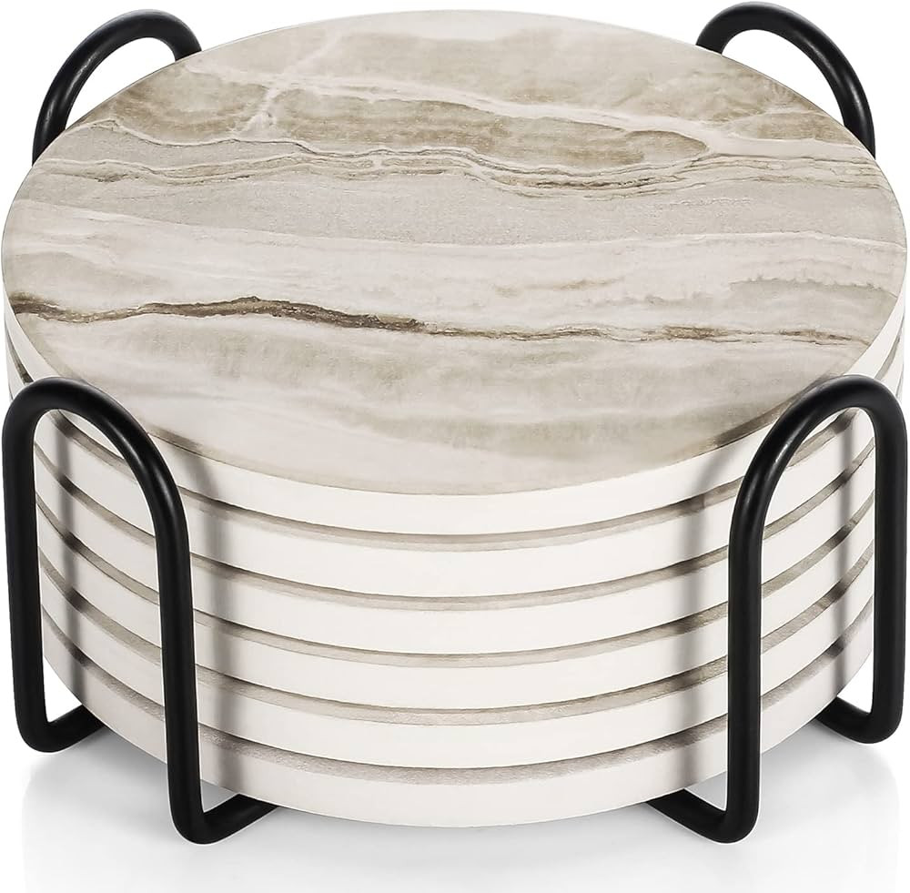 LIFVER Drink Coasters with Holder, Absorbent Coaster Sets of 6, Marble Style Ceramic Drink Coaste... | Amazon (CA)