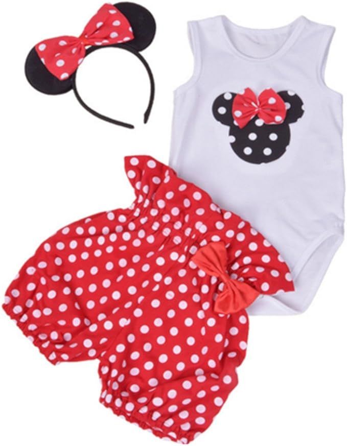 Amberetech Infant Baby Girl Mini Mouse Shorts Suits Romper Outfit 3Pcs Clothing Set | Amazon (US)