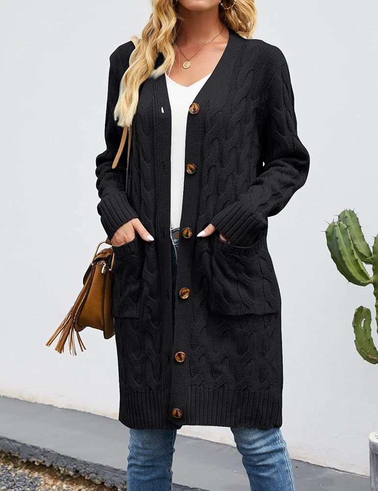 MEROKEETY Womens Long Sleeve Cable Knit Long Cardigan Open Front Button Sweater Outerwear | Amazon (US)