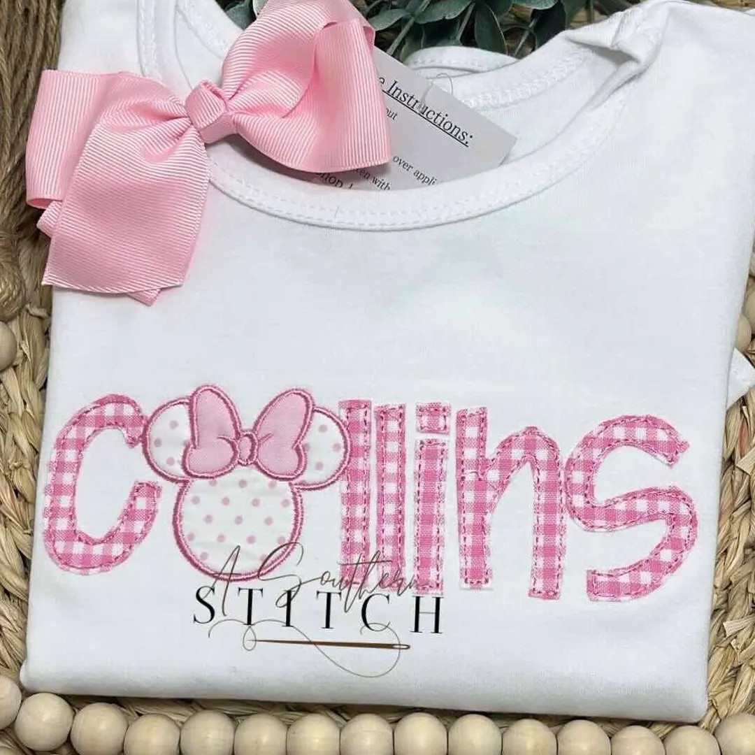 Pink Gingham Mouse Ears Name Appliqué - Etsy | Etsy (US)