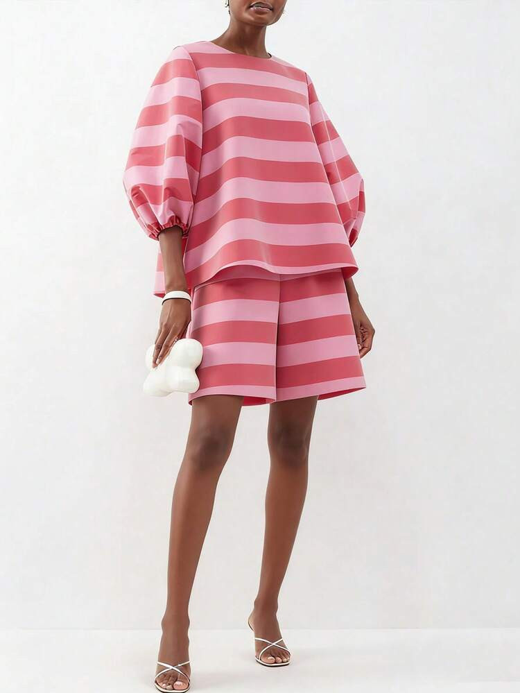 Magic Mia Romantic Striped Two-Piece Set For Women - Puff Sleeve Blouse & Matching Shorts, Loose Fit Co-Ord Set For Valentine's Dates/Birthday Vacations | SHEIN