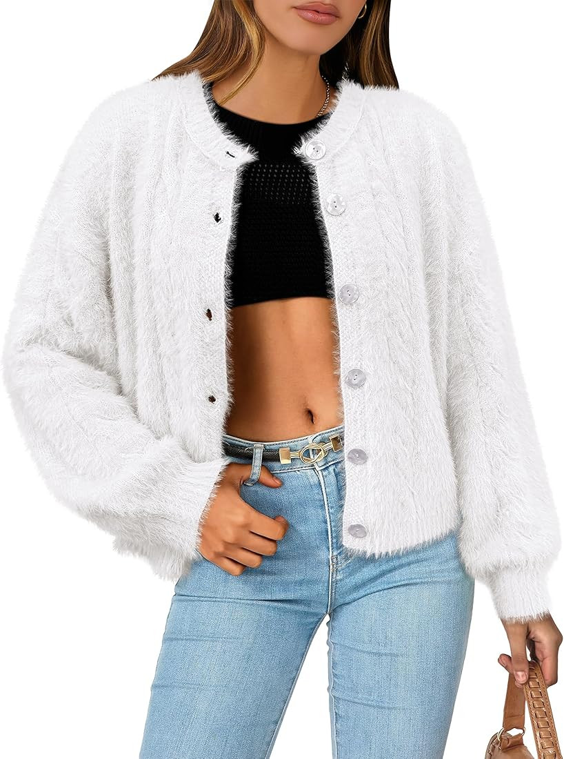 ANRABESS Women's Fuzzy Knit Cardigan Sweater Fluffy Warm Cropped Jackets Coat Cute Cozy 2024 Fall... | Amazon (US)