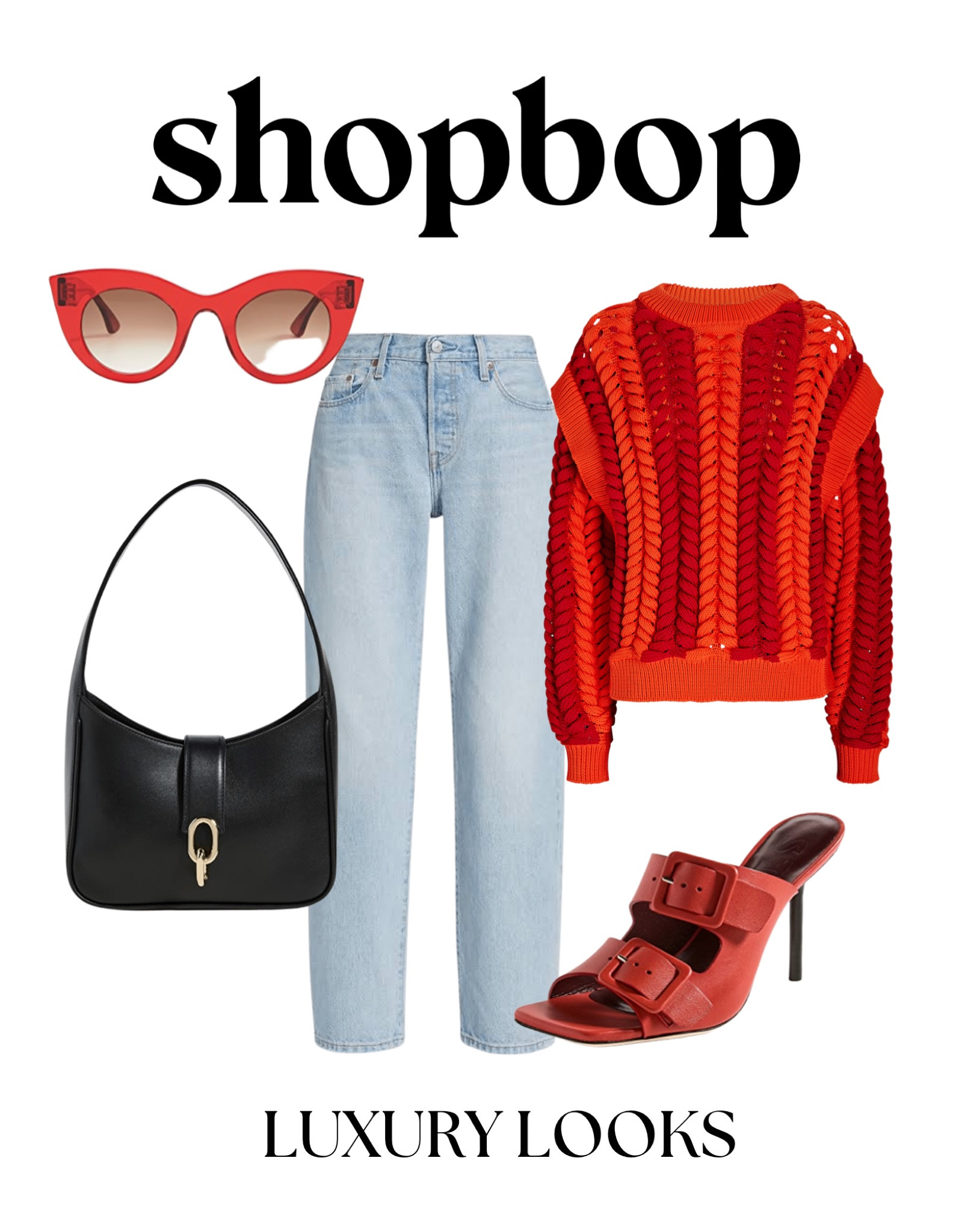 Fall outfit inspo! Loving these designer pieces from Shopbop! Scarlet is trending this season! The buckle heels and cat eye sunglasses keep with the textured sweater and add so much dimension to the outfit! Paired with simple Levis jeans (under $100) 

#LTKshoecrush #LTKSeasonal #LTKitbag