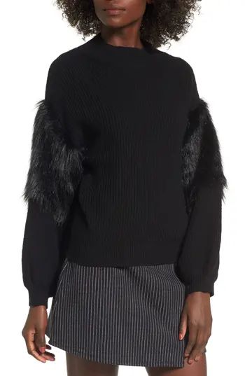 Women's Leith Faux Fur Sleeve Sweater, Size X-Small - Black | Nordstrom