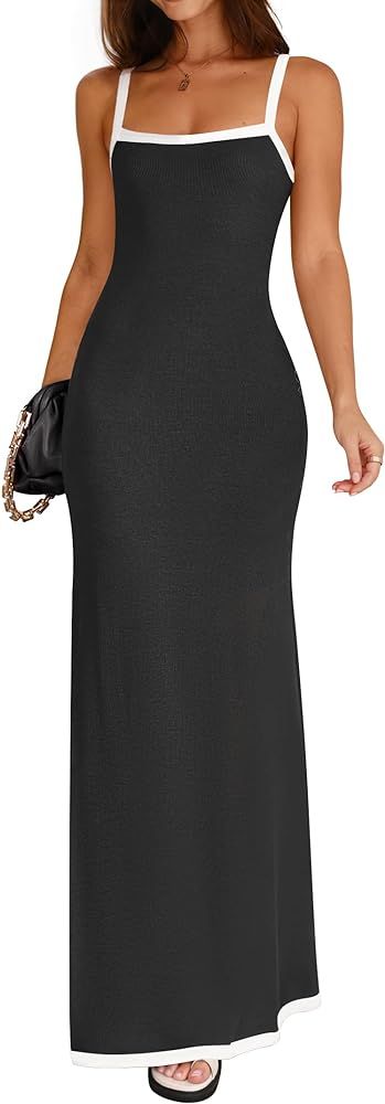 ZESICA Women's Summer Spaghetti Strapes Maxi Dress 2024 Sleeveless Square Neck Contrast Ribbed Kn... | Amazon (US)