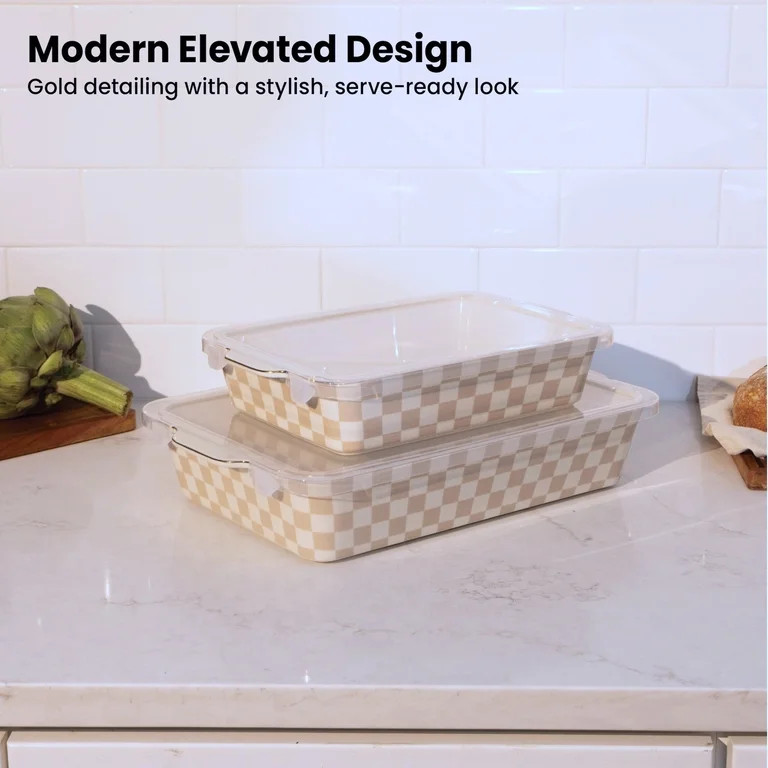 Thyme & Table 4-Piece Checkered Ceramic Casserole Dish Set with Lids, Tan | Walmart (US)