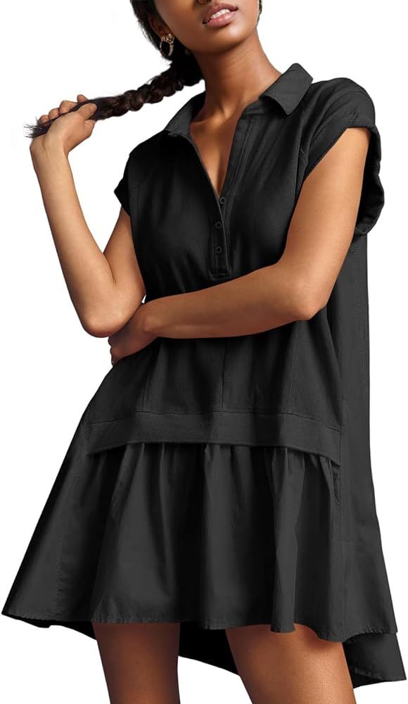 MISSACTIVER Women Summer Sweatshirt Mini Dress Casual Short Sleeve V Neck Oversized Patchwork Dre... | Amazon (US)