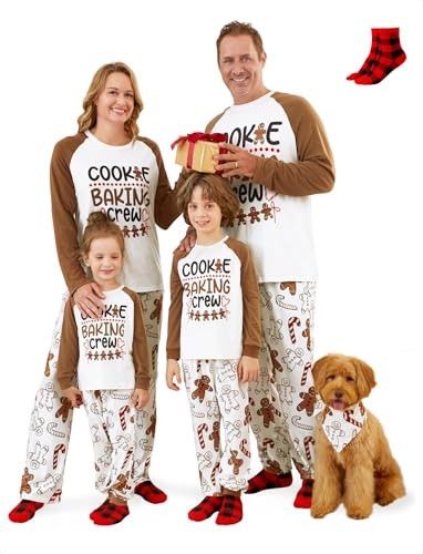 PATPAT Family Christmas Pajamas Matching Sets Gingerbread PJs for Family Cookie Baking Crew Holiday Sleepwear, Khaki Letter Print Xmas Pajama Sets for Adults, Couples with Socks | Amazon (US)