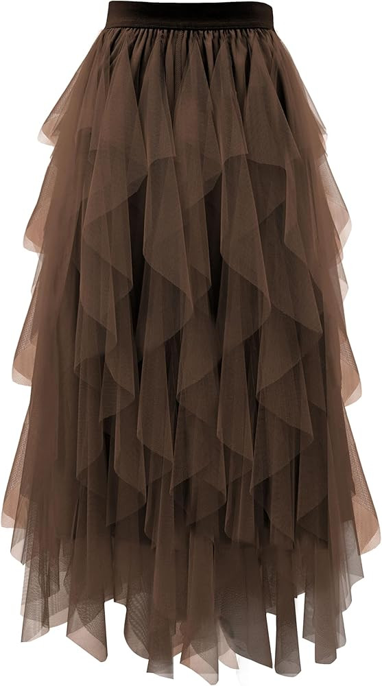 Tulle Skirts for Women A Line Fairy Tiered Skirt Midi Length High Elastic Waist Long Skirt | Amazon (US)