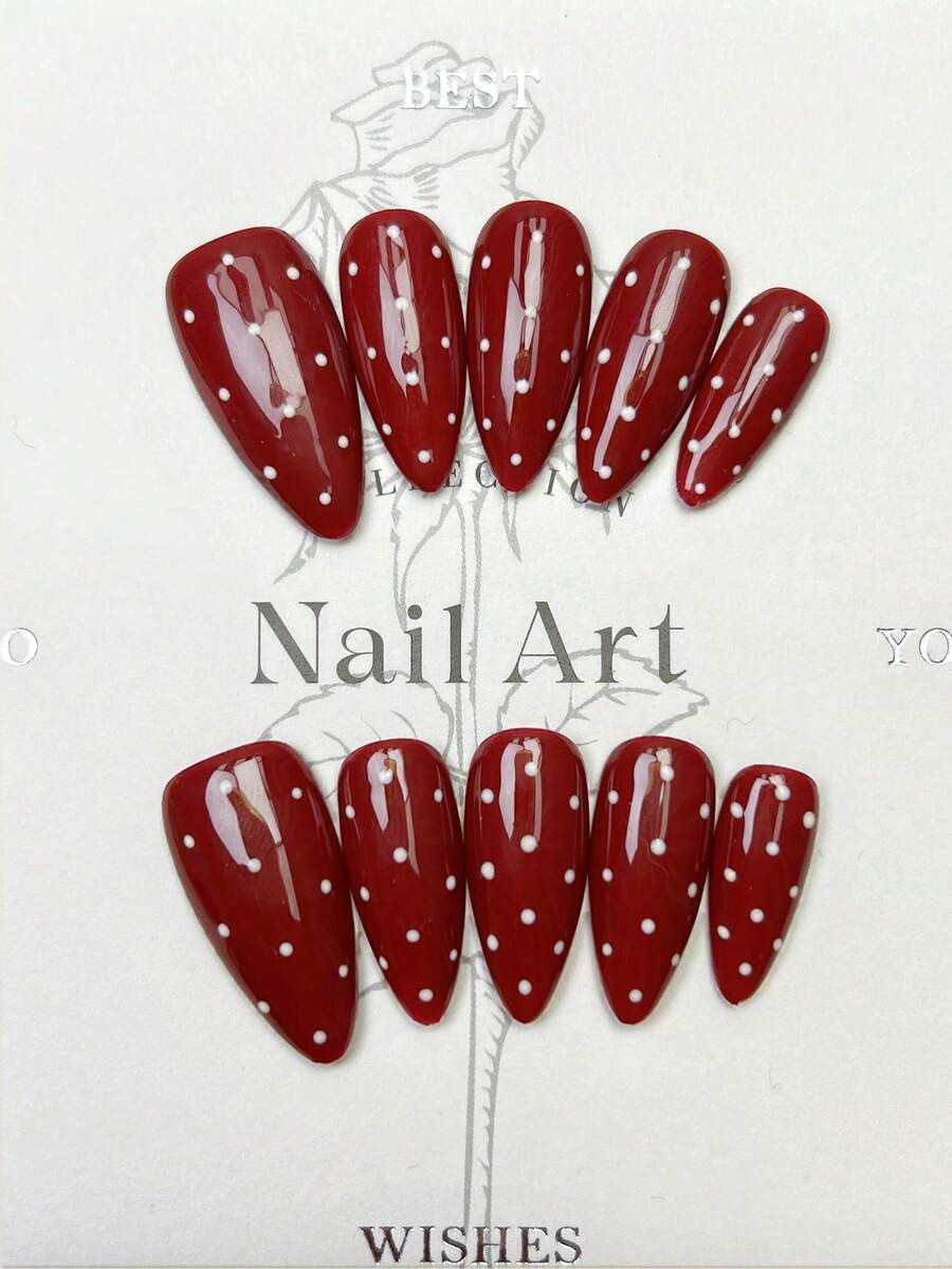 10pcs Handmade Nails Almond Nails Press On Nails Medium, Minimalism Red Nails, White Polka Dot, S... | SHEIN