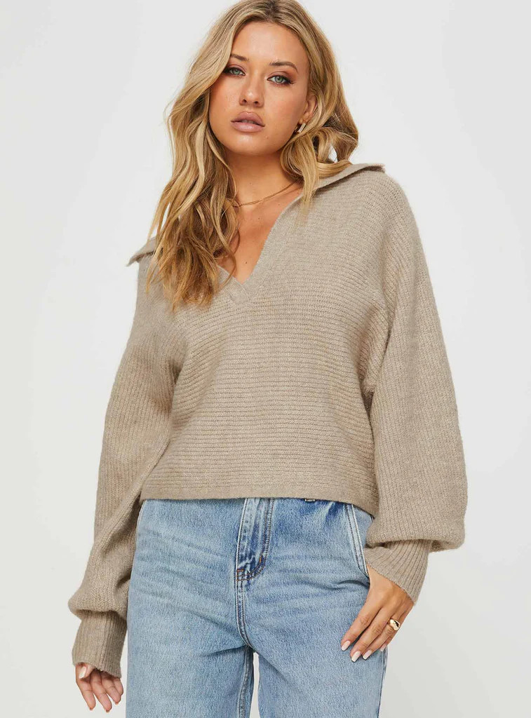 Bella Notched Neck Sweater Beige | Princess Polly US