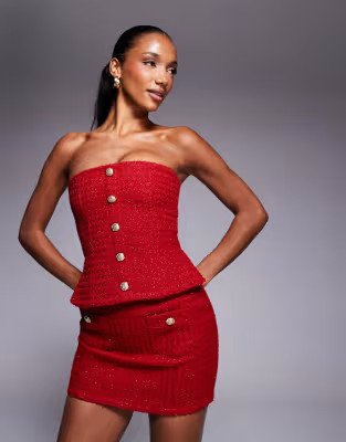 Wanderdoll Noel boucle bandeau gold button detail corset top in red - part of a set | ASOS (Global)