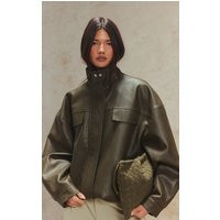 Khaki Funnel Neck Concealed Placket Faux Leather Jacket | PrettyLittleThing UK