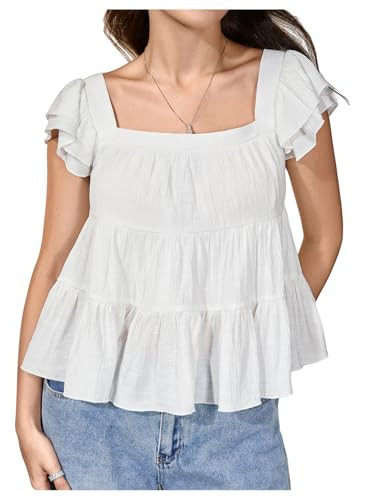 SweatyRocks Women's Ruffle Cap Sleeve Square Neck Flared Hem Blouse Shirt Tops | Amazon (US)