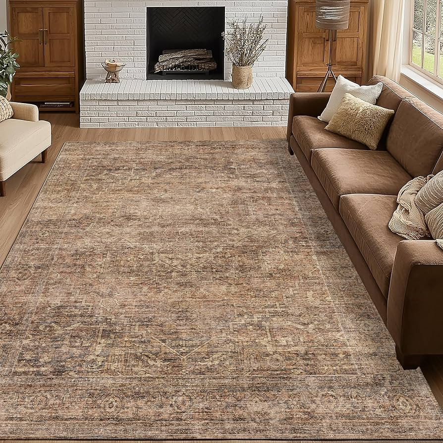 FMFUNCTEX 5x7 Washable Area Rug Neutral Vintage Rust Brown Distressed Non Slip Low Pile Tradition... | Amazon (US)