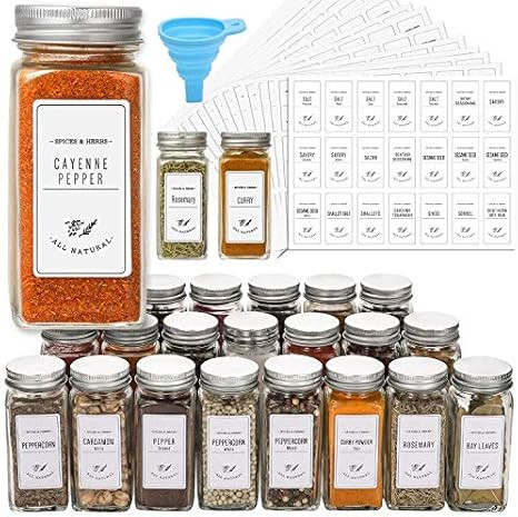 24 Pcs Glass Spice Jars with White Printed Spice Labels - 4oz Empty Square Spice Bottles - Shaker... | Amazon (US)