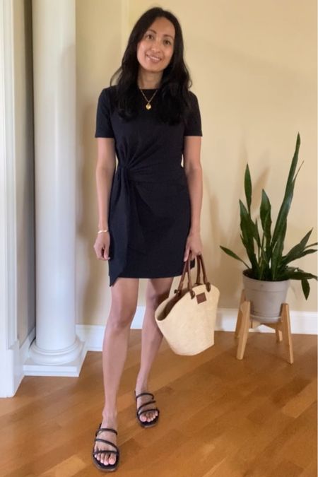 Summer dress.  True to size or size down if in between. Flattering fit with tie waist. 
Straw bag. Tote bag. Summer bag. 
Necklace. Charm necklace. 
All from @sezane. 
Sandals true to size  

#LTKFindsUnder50 #LTKFindsUnder100 #LTKOver40