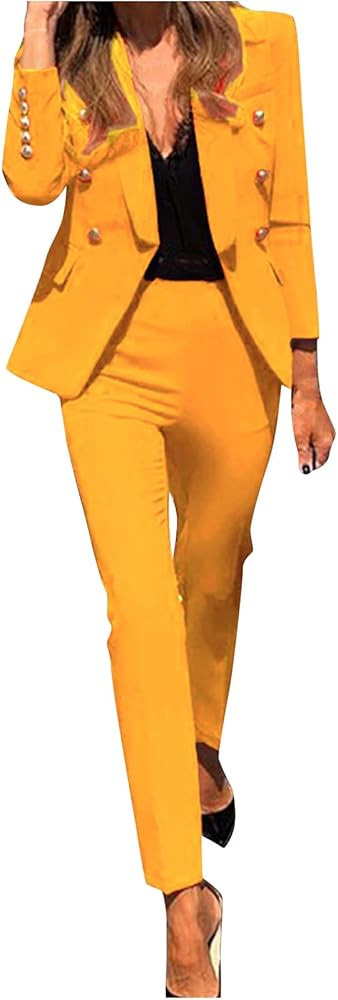 Women's Blazer Suits Two Piece Business Casual Sets Lapel V Neck Suit Coat with Fitted Pants for Wor | Amazon (US)