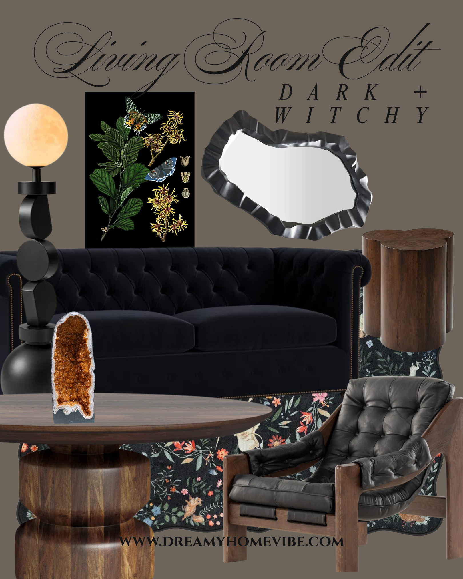 Enchant your space with rich textures, luxurious finishes, and magical accents 🖤✨. From tufted sofas to golden crystals, every piece in this Dark + Witchy edit adds drama and charm. Tap to shop the look and transform your living room.

#DarkAcademiaVibes #WitchyDecor #HomeGoals 

 #LTKHome