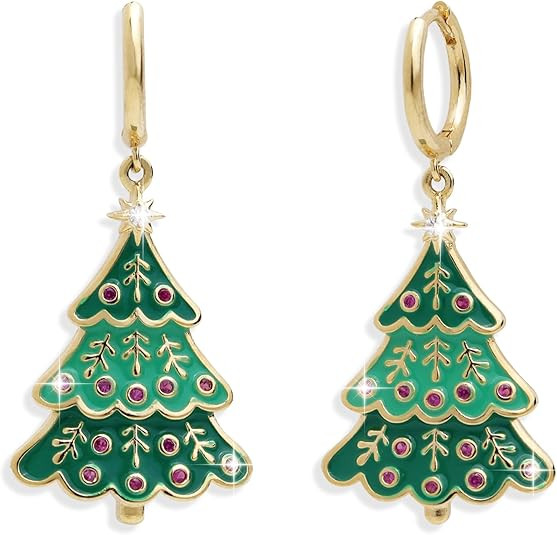 Jean Beau Gold Christmas Tree Small Hoop Dangle Earrings for Women, Dainty Cute Star CZ Rhineston... | Amazon (US)