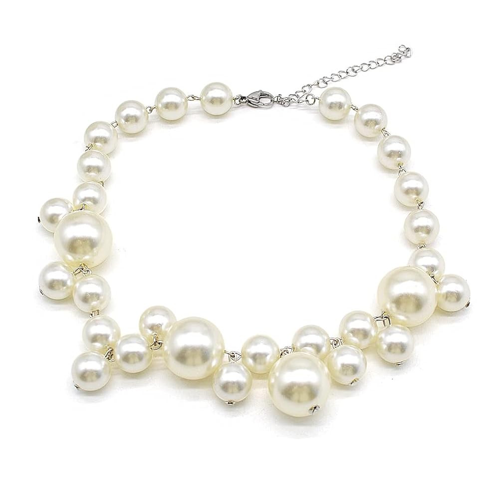 Faux Pearl Choker Necklace for Women,Silver Chain Statement Chunky Beaded Pearl Necklaces for Wom... | Amazon (US)