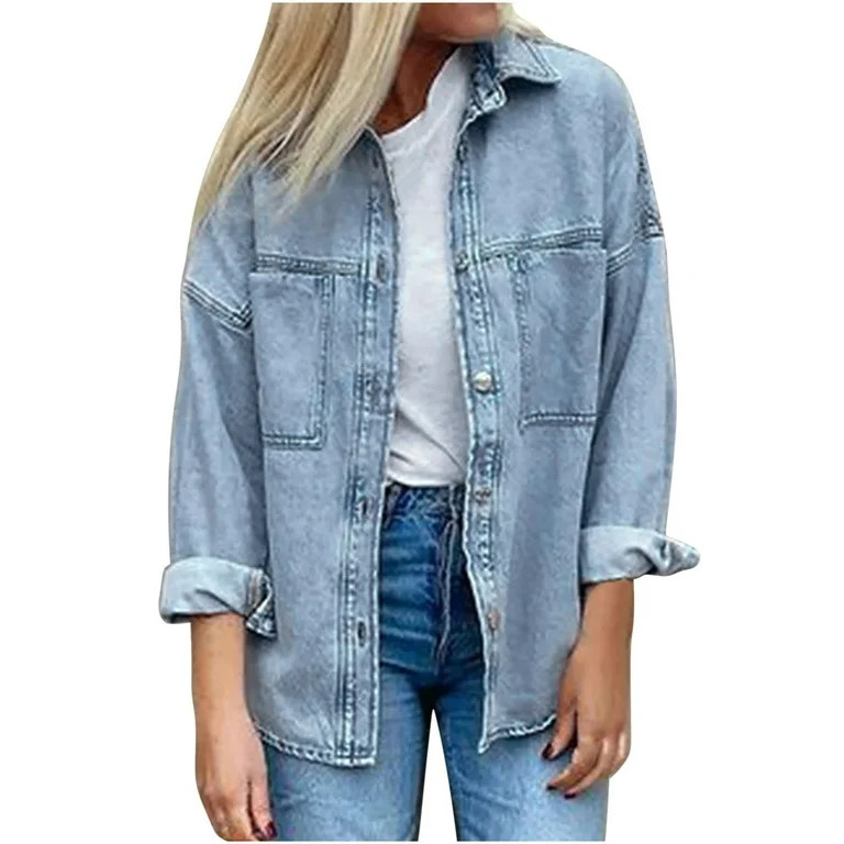 BVnarty Women's Solid Color Cardigan Coat Button Down Loose Oversize Lapel Fall Denim Jacket Shac... | Walmart (US)