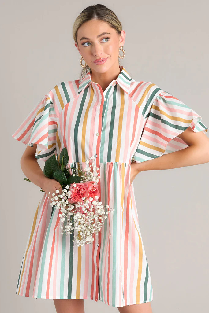 In The Clouds Desert Sage Green Multi Stripe Dress | Red Dress