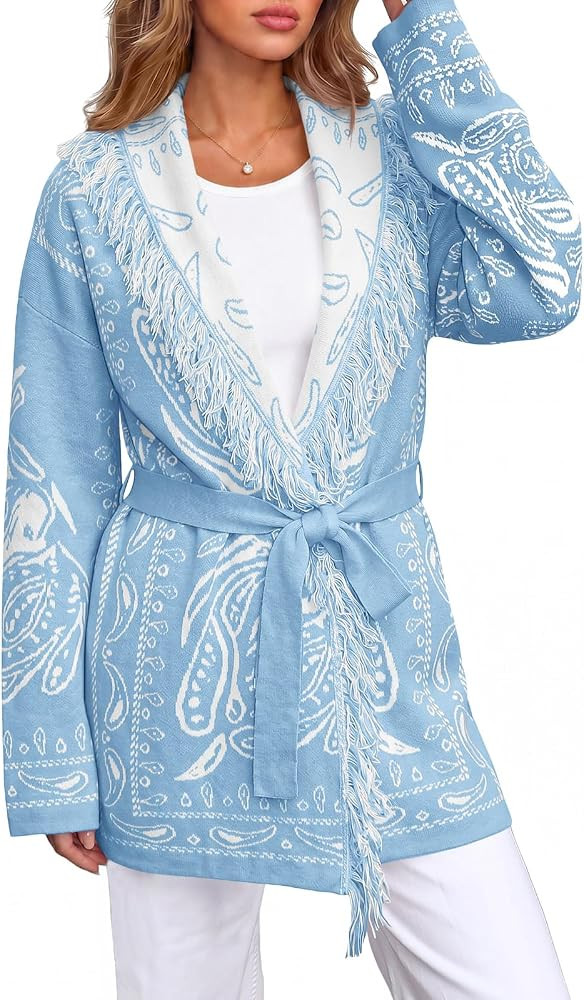 Saodimallsu Womens Fall Tassel Shawl Collar Cardigan Paisley Wrap Sweaters | Amazon (US)