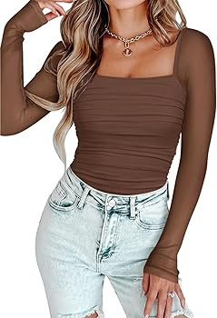 PINKMSTYLE Womens Square Neck Mesh Long Sleeve Bodysuit Shapewear Corset Tops Sexy Concert Outfit... | Amazon (US)