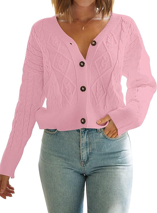 MEROKEETY Women's Long Sleeve Open Front Cable Knit Crop Cardigans V Neck Button Sweaters with Po... | Amazon (US)
