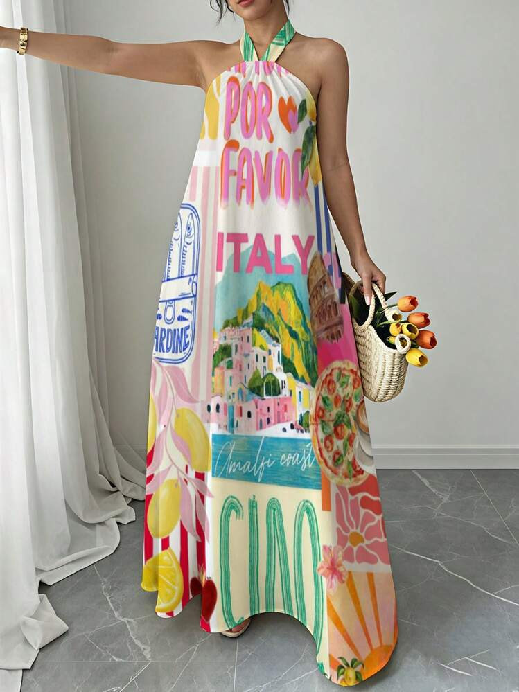 Women Italy Print Halter Maxi Dress Summer Beach Party Date Style Casual Vacation Outfit | SHEIN