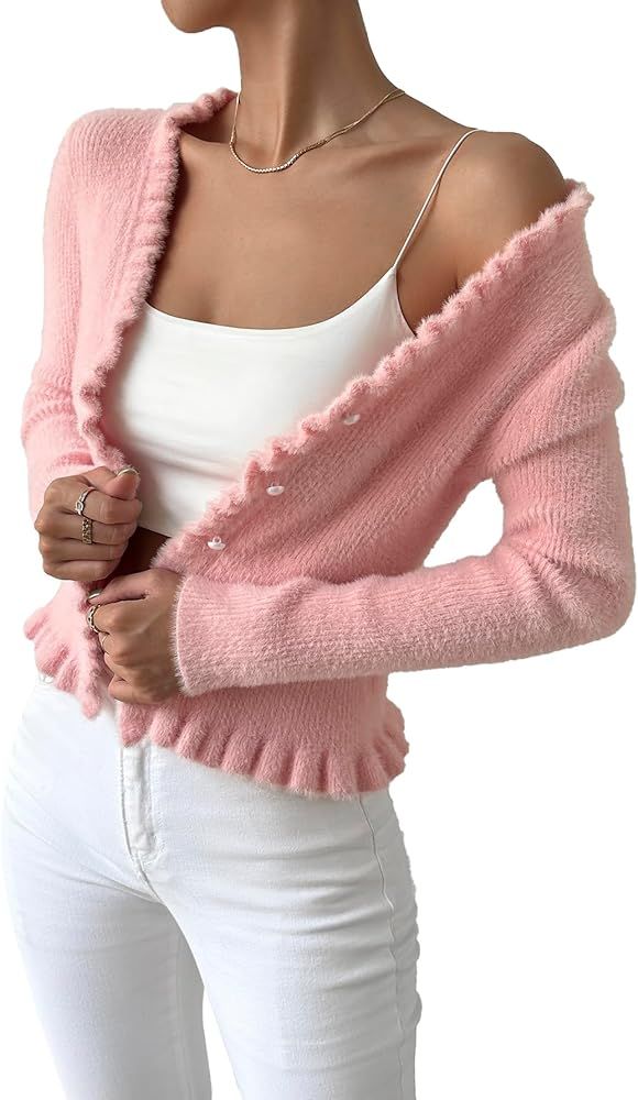 Verdusa Women's Frill Trim Button Down Long Sleeve Puffy Cardigan Sweater | Amazon (US)