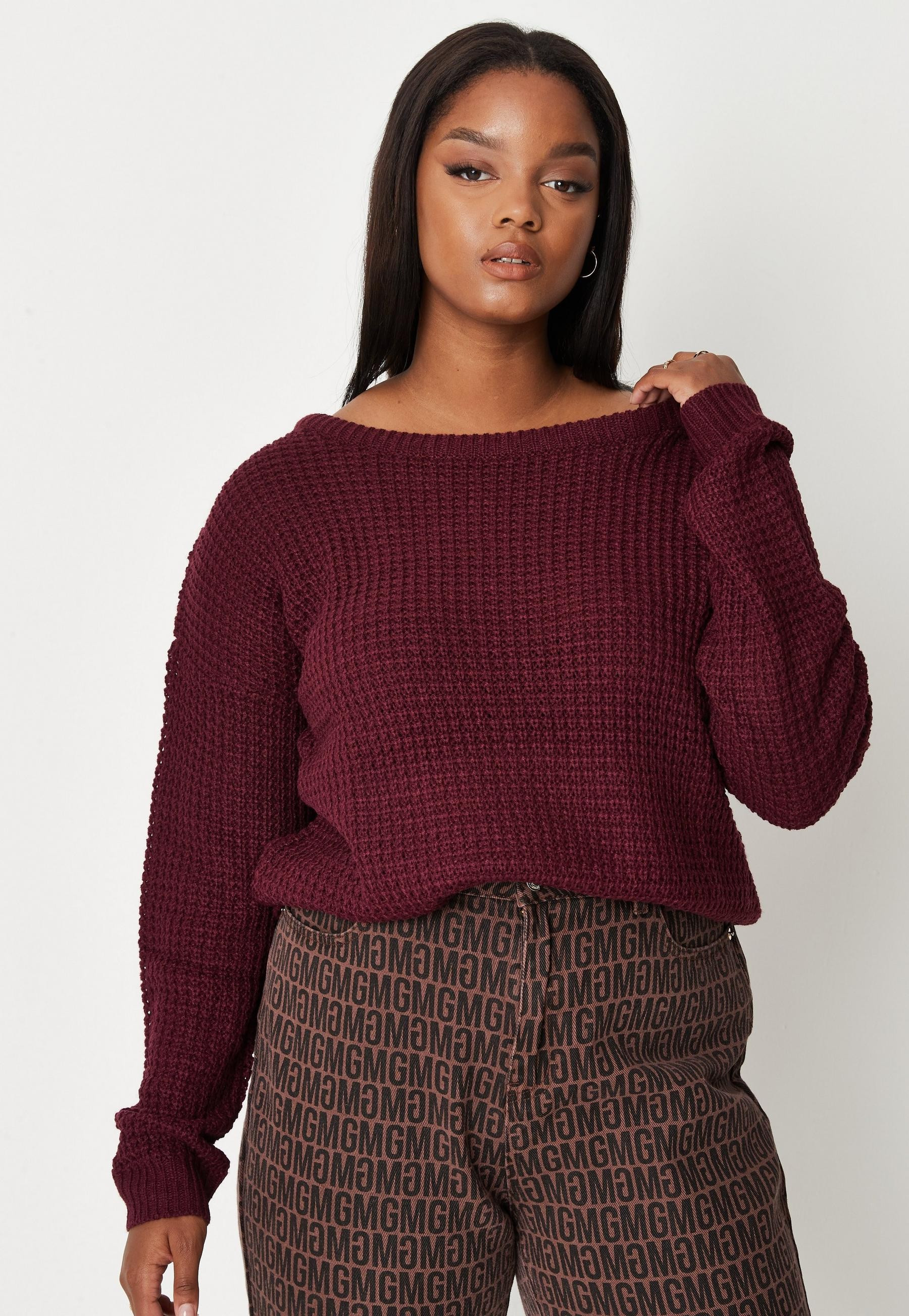 Missguided - Plus Size Burgundy Waffle Off The Shoulder Knitted Sweater | Missguided (US & CA)