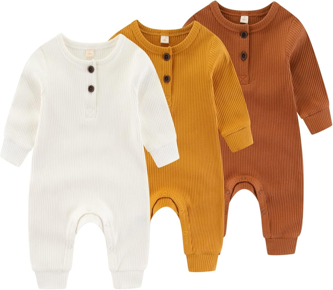Newborn Baby Boys Girls One Piece Romper With Mitten Cuffs 3 Pack Long Sleeve Ribbed Button Jumps... | Amazon (US)