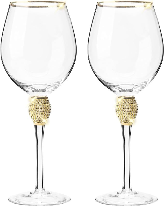 Berkware Set of 6 Wine Glasses - Luxurious and Elegant Sparkling Studded Long Stem Red Wine Glass... | Amazon (US)