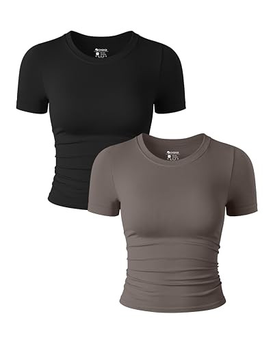 OQQ Womens 2 Piece Shirts Short Sleeve Crew Neck Ruched Stretch Fitted Tee Shirts Crop Tops | Amazon (US)